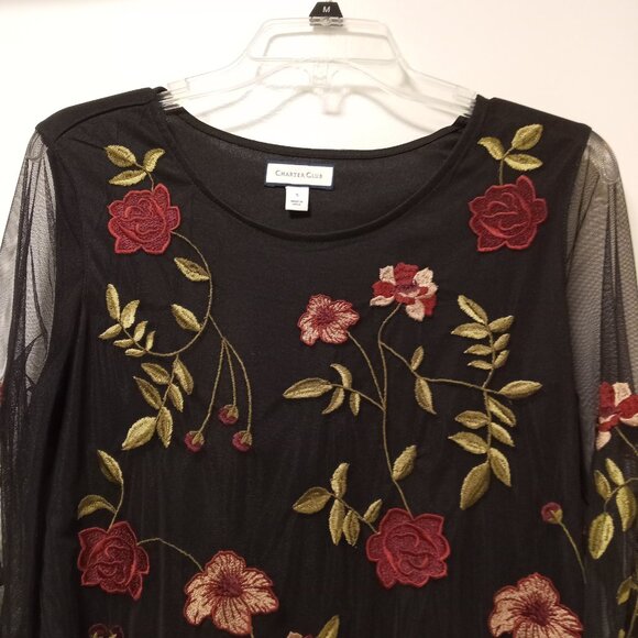 Charter Club Embroidered Flowers Mesh Overlay Black Blouse Top sz S - Picture 3 of 8